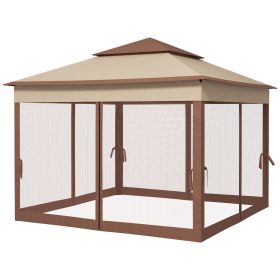 Outsunny Outdoor Patio Pop Up Canopy Gazebo Shelter with Zipper Netting, Carry Bag, 11' x 11', Khaki